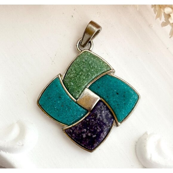 Stoneform Pinwheel Multi Gemstone Turquoise 925 Sterling Silver Vintage Pendant - Picture 1 of 9